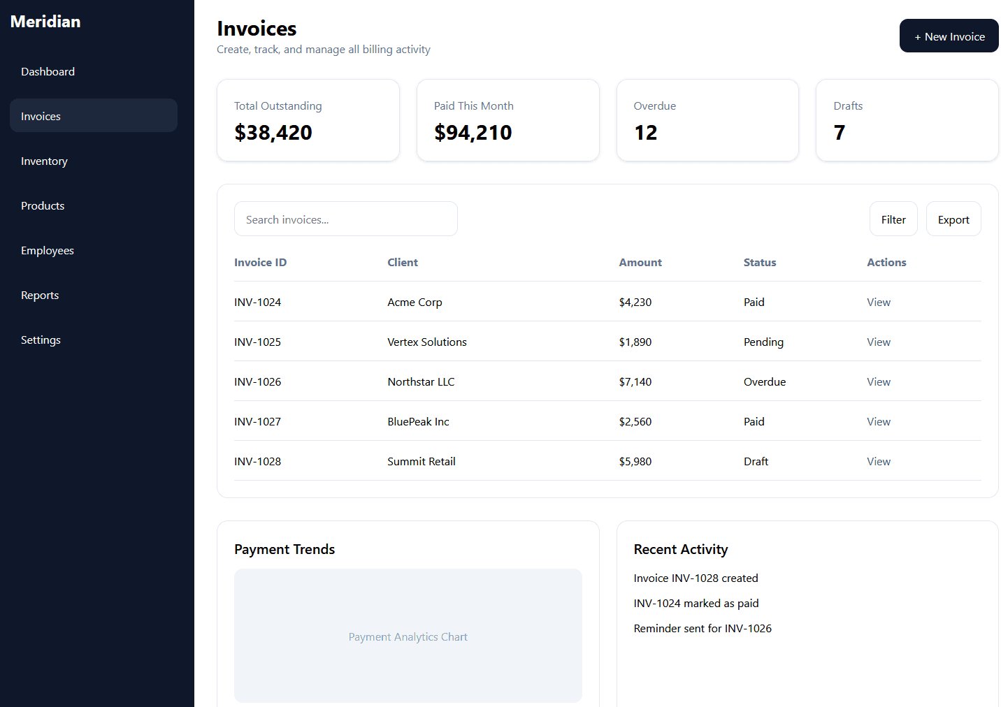 Meridian web app invoices screen